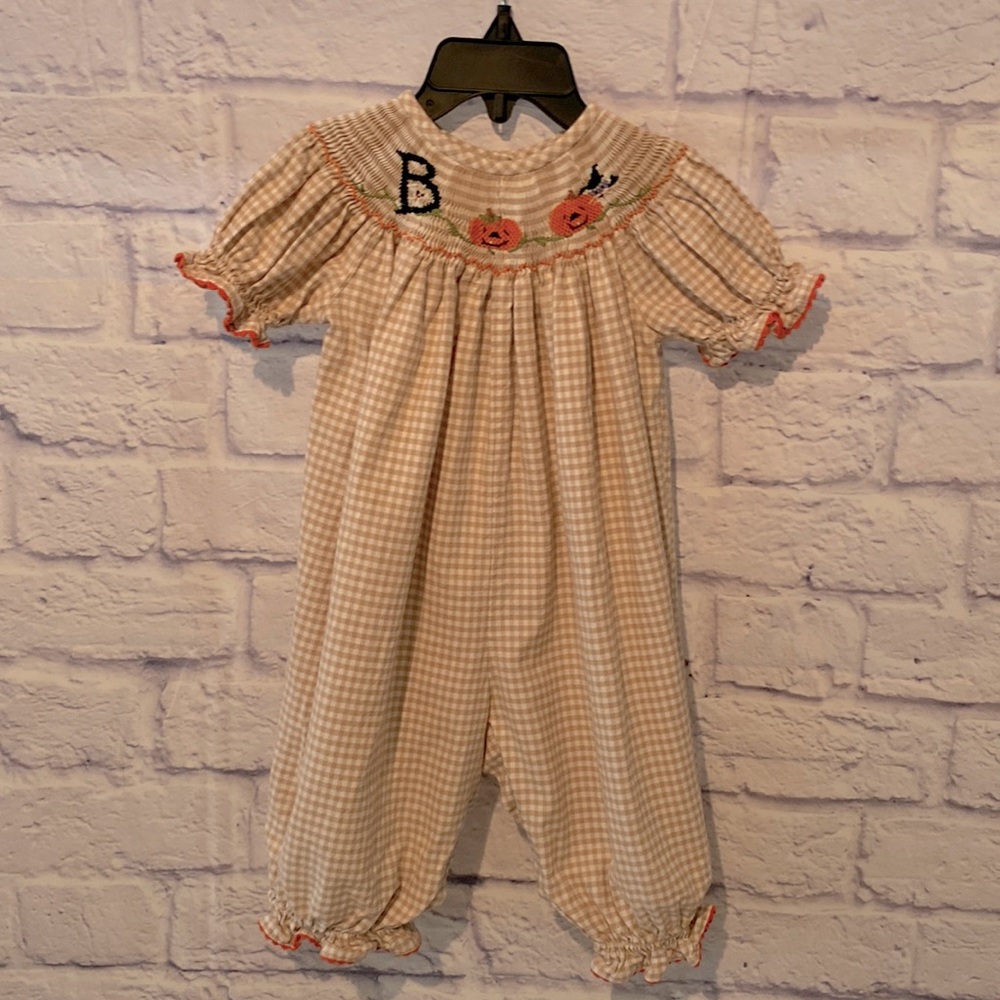 Halloween Smocked Romper Tan and white checked - size 6 months